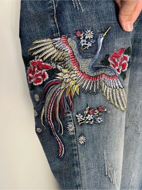 Size M Embroidered Phoenix Jeans Y2K Low Rise Skinny Blue Denim